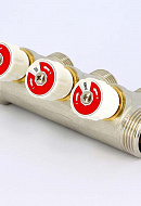 Коллектор распределительный с запорными клапанами Uni-fitt 406N4330, 1" ВР-НР, на 3 контура 3/4" НР, модульный, конусное соединение 