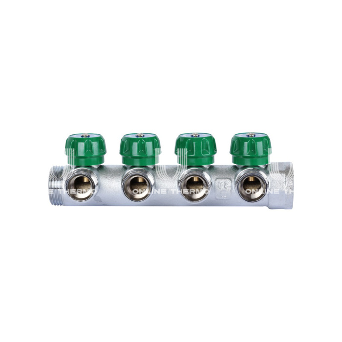 Регулирующий проходной коллектор Stout SMB-6850-013404, ВР-НР 1", на 4 контура 3/4" EK, модульный, евроконус, хромированный 