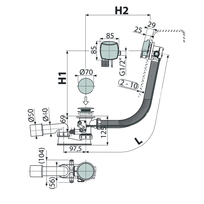Сифон для гидромассажной ванны с напуском воды через перелив Alcaplast A566-273133-57, автомат, перелив и пробка из хромированной стали, длина 57 см 