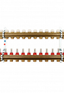 Распределительный коллектор (группа) с расходомерами Tiemme 3870018 ВР-НР 1", на 12 контуров НР 3/4" ЕК, латунь, с концевыми группами, с шаровыми кранами 