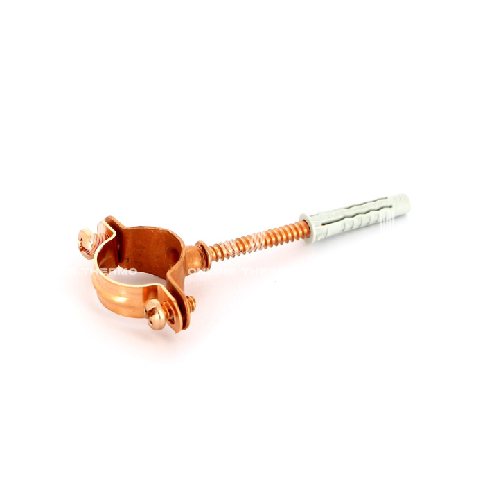 Одинарный хомут для труб Uni-Fitt 851R2800, для труб 28 мм, медный, с дюбелем и шпилькой 
