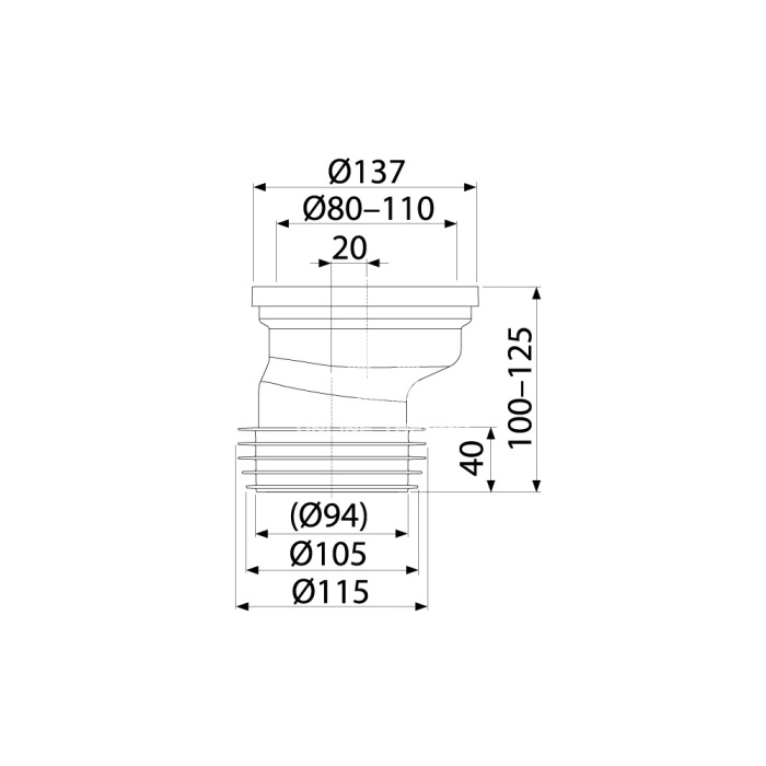 *Патрубок для унитаза эксцентрический PP (полипропилен) AlcaPlast A991-20, D110 мм, 100-125 мм 