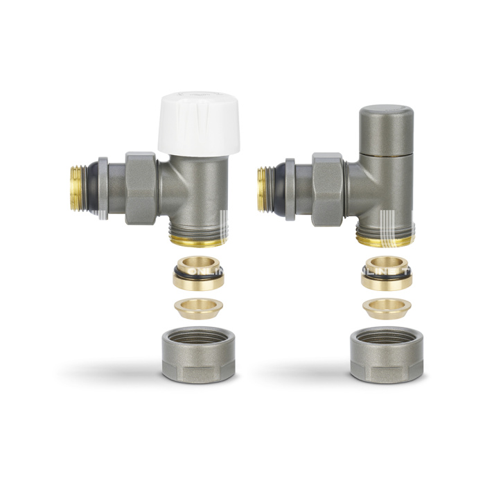 Комплект термостатический с запорным клапаном Varmega №1 VMDV10-310415, 1/2" x 3/4"EK ВР-НР, угловой, серый 