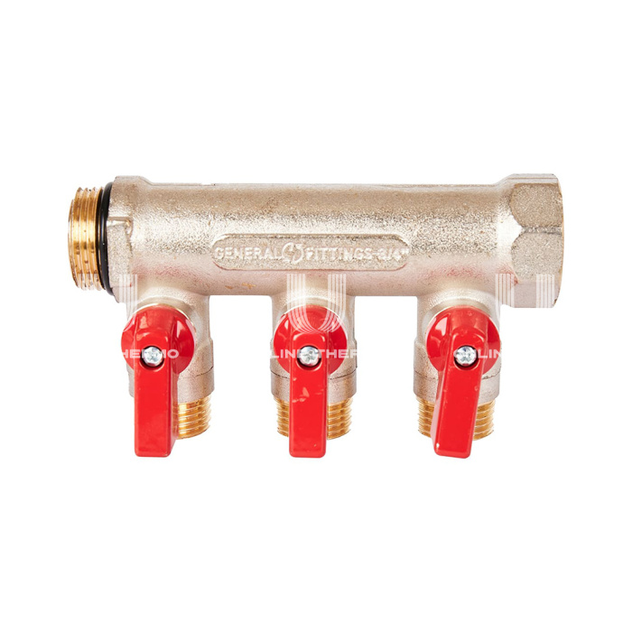 Коллектор Stout с шаровыми кранами SMB 6210 3/4", 3 отвода 1/2" (красные ручки) 