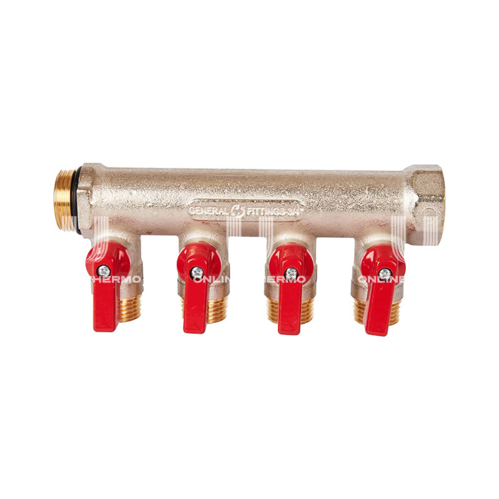 Коллектор Stout с шаровыми кранами SMB 6210 3/4", 4 отвода 1/2" (красные ручки) 
