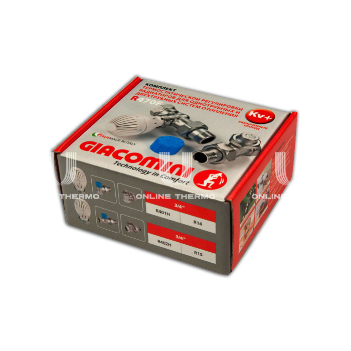 Комплект Giacomini R470FX054 из термостатического и запорного клапанов и термоголовки 3/4" ВР-НР, угловой, хром, без преднастройки 