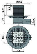 Сливной трап Alcaplast APV102, 105×105/50 мм, боковой сток, решетка нержавеющая сталь, мокрый гидрозатвор, широкий воротник 