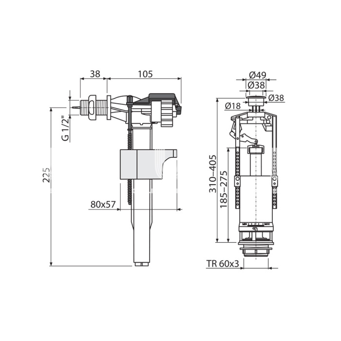 Выпускной комплект Alcaplast SA2000K 1/2" CHROM со стоп-кнопкой (A16-1/2" + A2000), для керамических бачков 