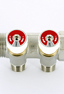 Коллектор распределительный с запорными клапанами Uni-fitt 405N4220, 1" ВР-НР, на 2 контура 1/2" НР, модульный, плоское соединение 