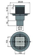 Сливной трап Alcaplast APV203, 105×105/50/75 мм, прямой сток, решетка нержавеющая сталь, мокрый гидрозатвор, широкий воротник 