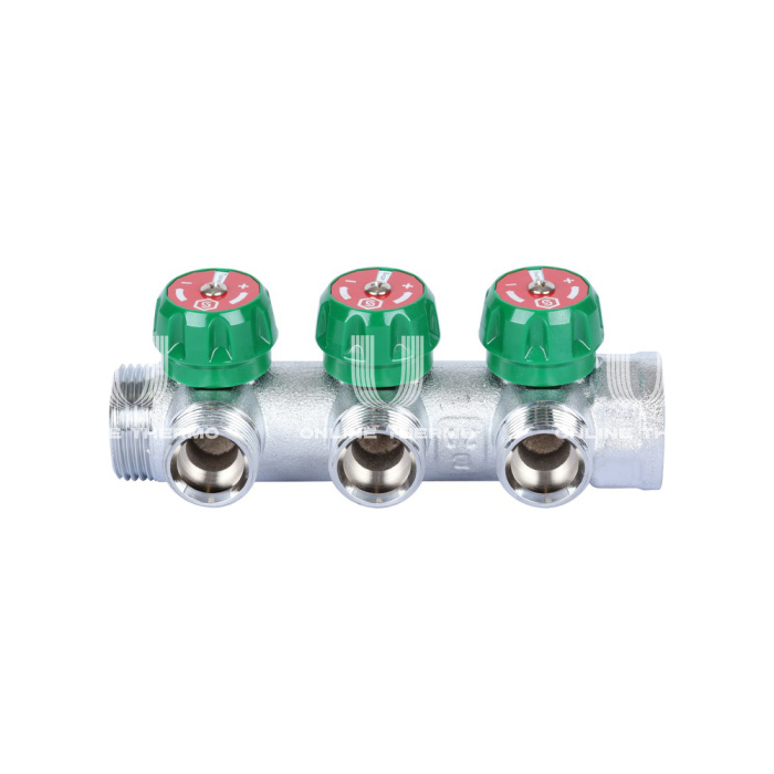 Регулирующий проходной коллектор Stout SMB-6850-013403, ВР-НР 1", на 3 контура 3/4" EK, модульный, евроконус, хромированный 