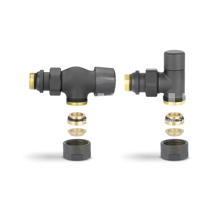 Комплект термостатический с запорным клапаном Varmega №3 VMDV12-210415, 1/2" x 3/4"EK ВР-НР, осевой, черный 