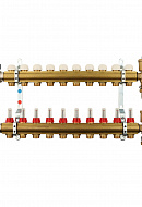Распределительный коллектор (группа) с расходомерами Tiemme 3870011 ВР-НР 1", на 10 контуров НР 3/4" ЕК, латунь, с концевыми группами, с шаровыми кранами 