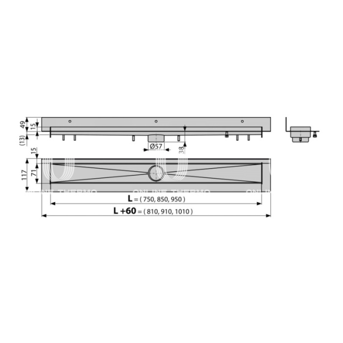 Душевой лоток (водоотводящий желоб) AlcaPlast APZ23-950 Modular Wall, вертикальный сток - 950 мм 