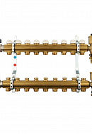 Распределительный коллектор (группа) для отопления Tiemme 3870042 ВР-НР 1", на 9 контуров НР 3/4" ЕК, латунь, с концевыми группами, с шаровыми кранами 