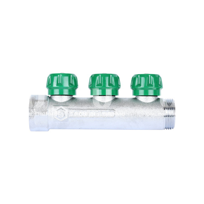Регулирующий проходной коллектор Stout SMB-6850-013403, ВР-НР 1", на 3 контура 3/4" EK, модульный, евроконус, хромированный 