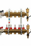 Распределительный коллектор (группа) с расходомерами Tiemme 3870005 ВР-НР 1", на 4 контура НР 3/4" ЕК, латунь, с концевыми группами, с шаровыми кранами 