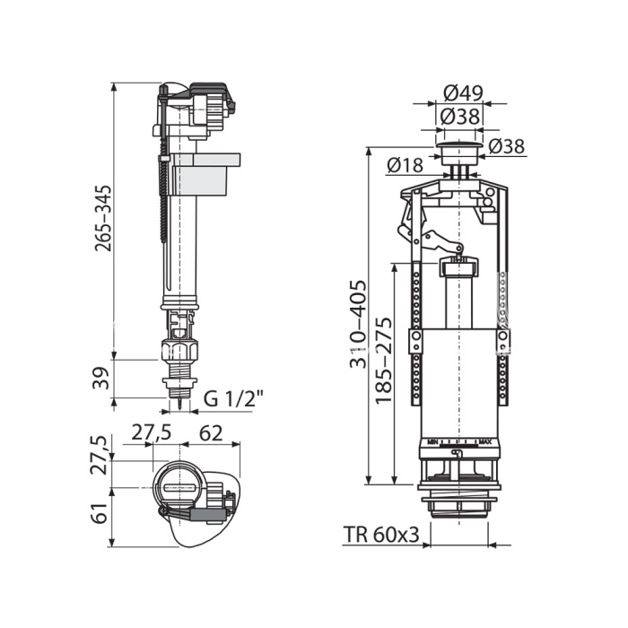 Выпускной комплект Alcaplast SA2000SK 1/2" CHROM со стоп-кнопкой (A18-1/2" + A2000), для керамических бачков 