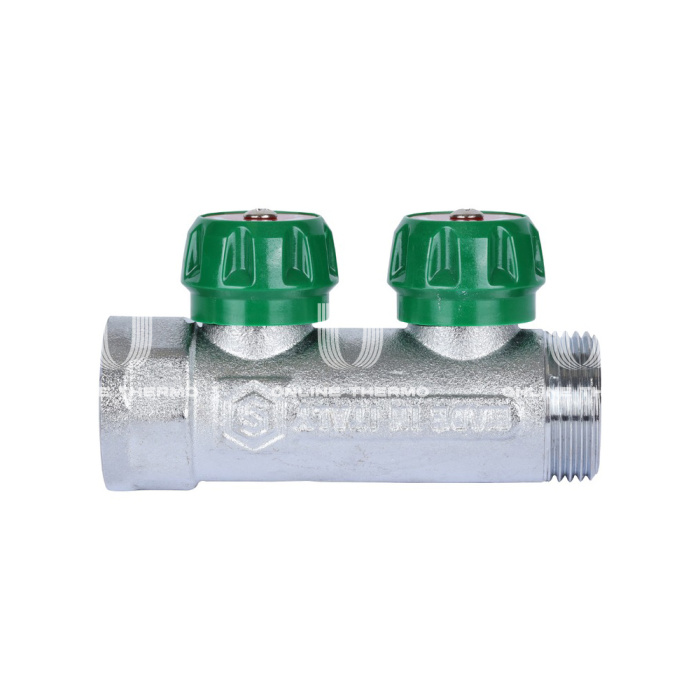 Регулирующий проходной коллектор Stout SMB-6850-013402, ВР-НР 1", на 2 контура 3/4" EK, модульный, евроконус, хромированный 