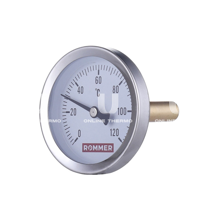 Термометр биметаллический с погружной гильзой Rommer RIM-0001-637515 120 °С, диаметр 63 мм, 1/2" 
